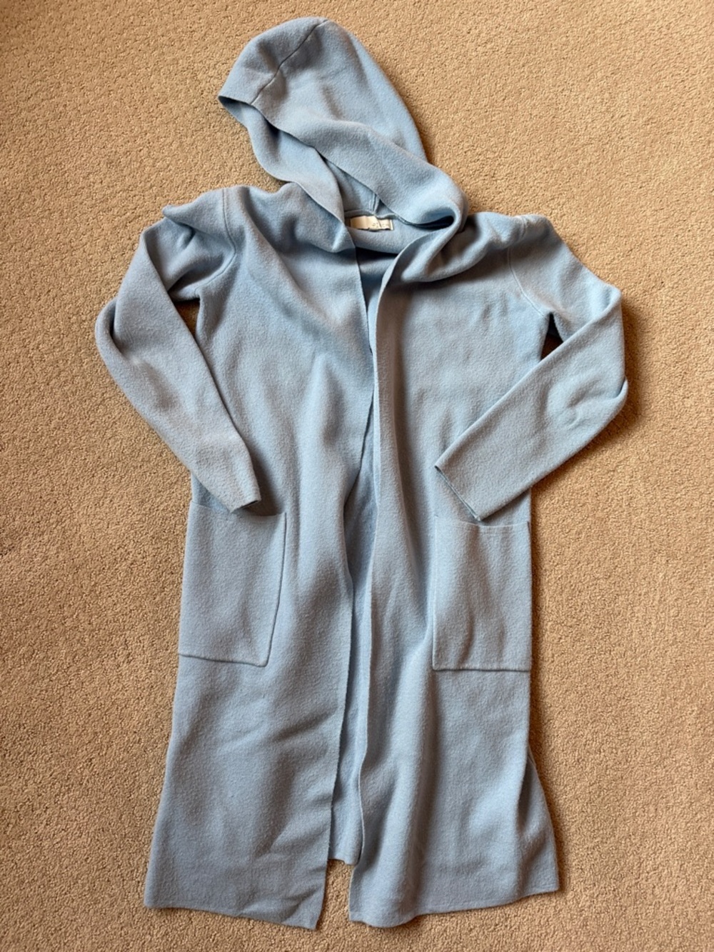 Pinch Hooded Long Open-Front Cardigan in Light Blue